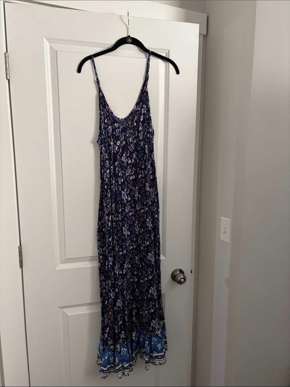 Floral Navy Blue Maxi Dress with Spaghetti Straps